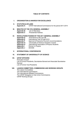 Table of Contents I. Organisation & Awards For