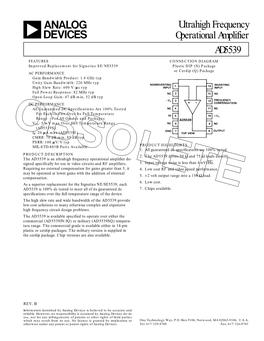 Ultrahigh Frequency Operational Amplifier AD5539