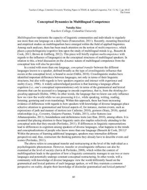 Conceptual Dynamics in Multilingual Competence Natalia Sáez Teachers College, Columbia University