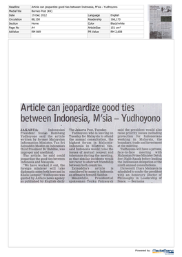 Article Can Jeopardize Good Ties Between Indonesia, M'sia Yudhoyono