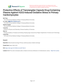Protective Effects of Tianxiangdan Capsule Drug-Containing Plasma Against H2O2-Induced Oxidative Stress in Primary Cardiomyocytes