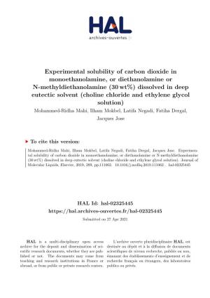 Experimental Solubility of Carbon Dioxide in Monoethanolamine, Or