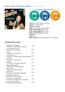Patsy Cline 12 Greatest Hits Mp3, Flac, Wma