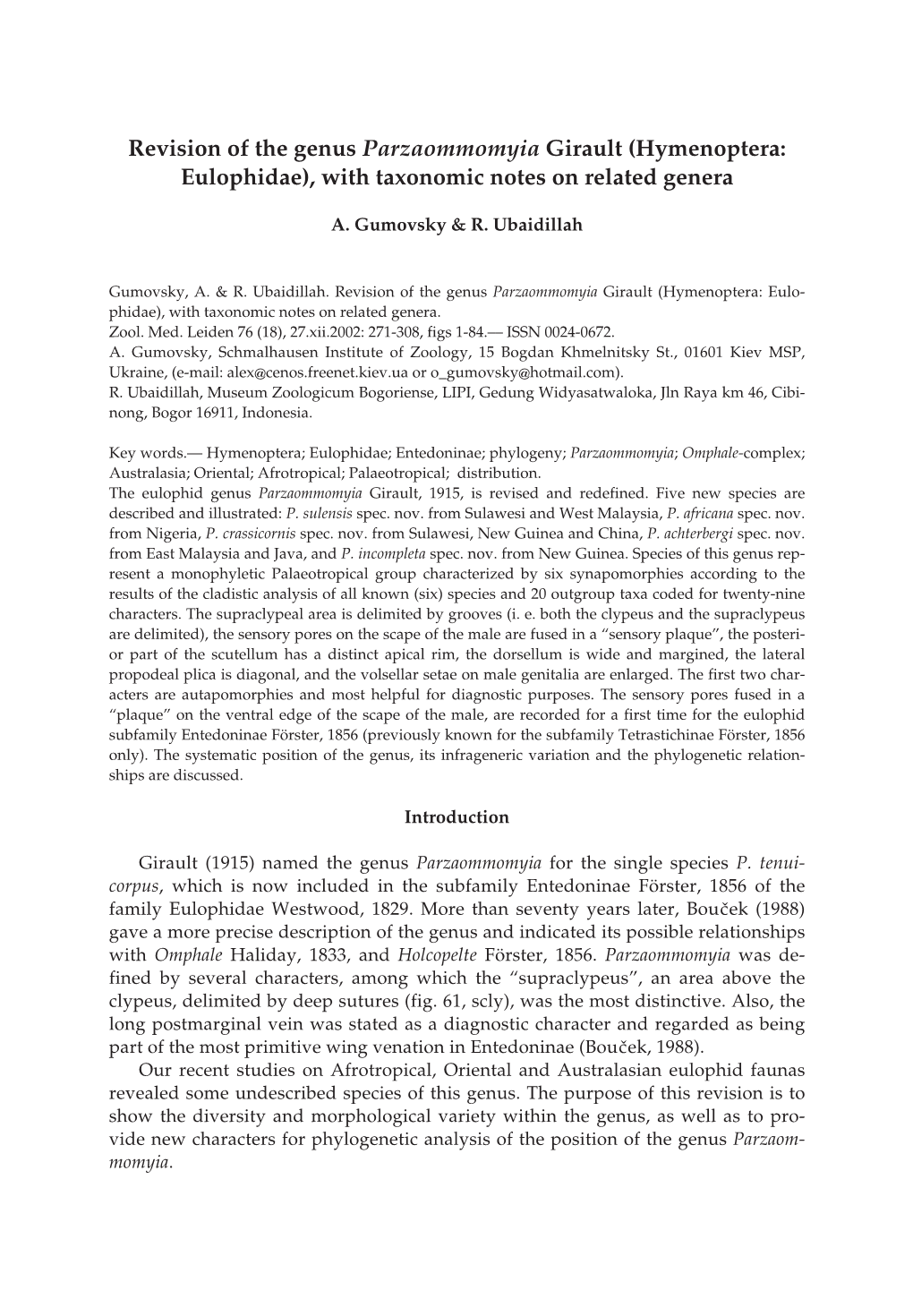 Hymenoptera: Eulophidae), with Taxonomic Notes on Related Genera