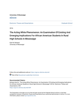 The Acting White Phenomenon: an Examination of Existing and Emerging Implications for African American Students in Rural High Schools in Mississippi
