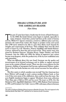 ISRAELI LITERATURE and the AMERICAN READER Alan Mintz 84