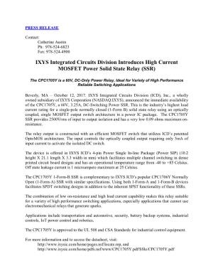 IXYS Integrated Circuits Division Introduces High Current MOSFET Power Solid State Relay (SSR)