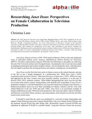 Researching Janet Dean: Perspectives on Female Collaboration in Television Production