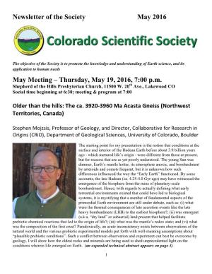 Newsletter of the Society May 2016 May Meeting