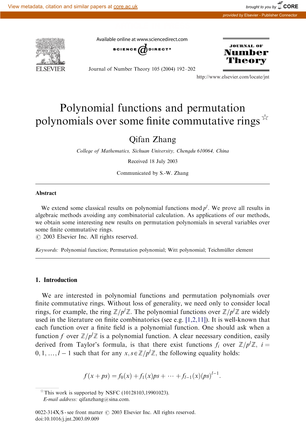 Polynomial Functions and Permutation Polynomials Over Some Finite Commutative Rings