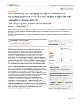 Revisiting the Phylogeny of Phylum Ctenophora: a Molecular Perspective [Version 2; Peer Review: 1 Approved with Reservations, 3 Not Approved] Luis A
