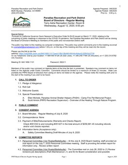 Paradise Recreation and Park District Board of Directors - Regular Meeting Terry Ashe Recreation Center, Room B Wednesday, August 12, 2020, 6:00 Pm