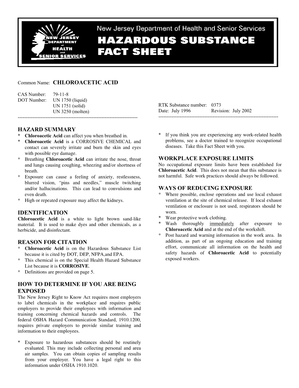 Common Name: CHLOROACETIC ACID HAZARD SUMMARY