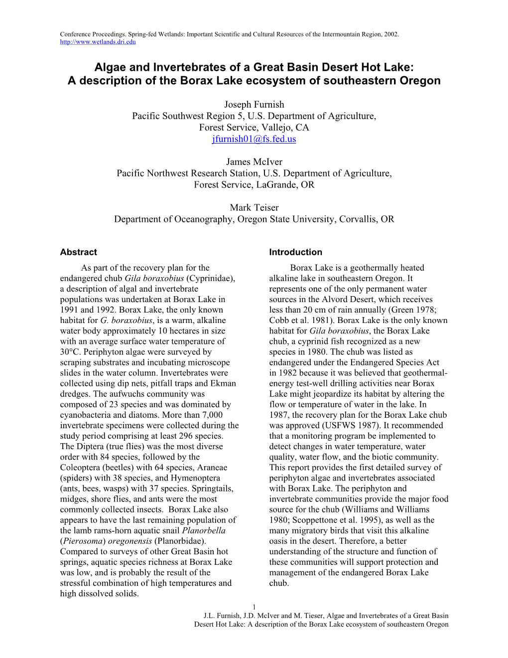 Algae and Invertebrates of a Great Basin Desert Hot Lake: a Description of the Borax Lake Ecosystem of Southeastern Oregon