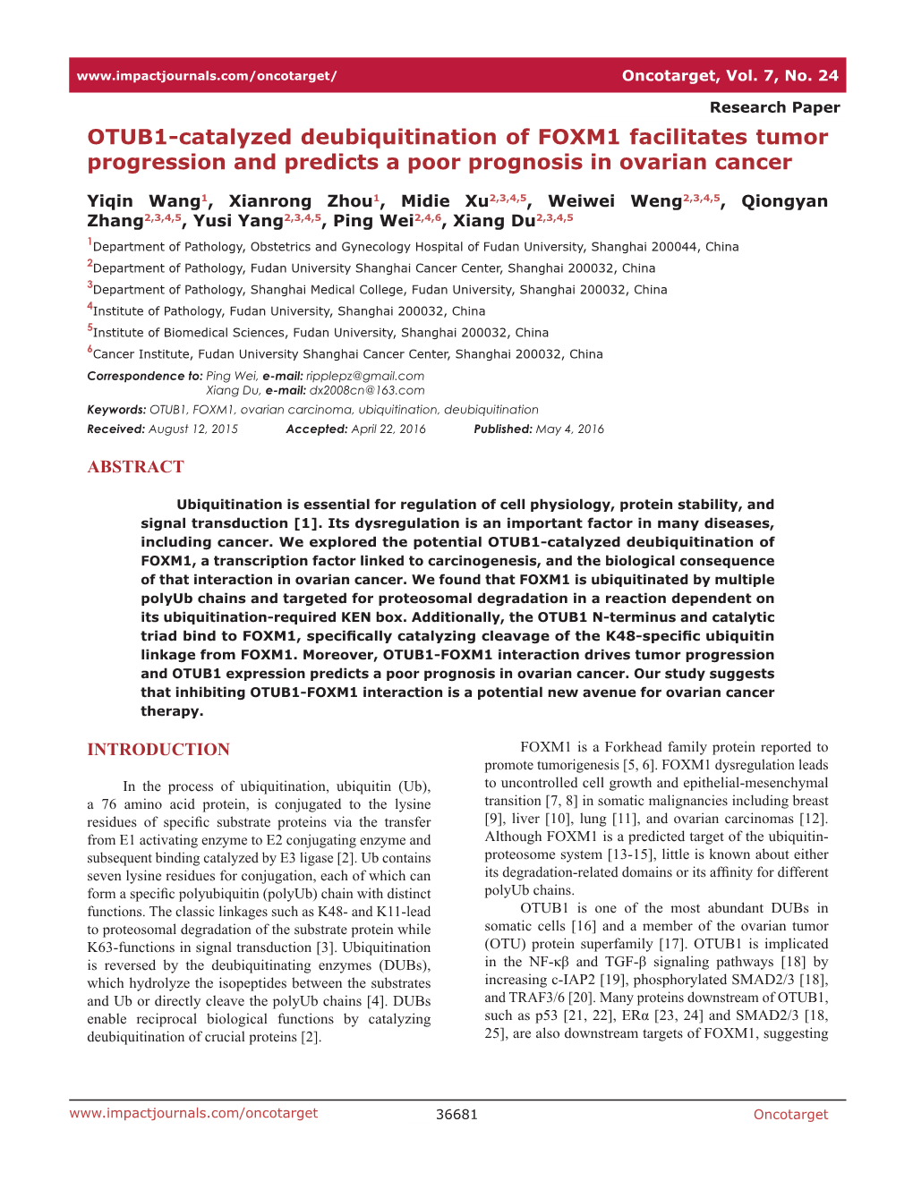 OTUB1-Catalyzed Deubiquitination of FOXM1 Facilitates Tumor Progression and Predicts a Poor Prognosis in Ovarian Cancer