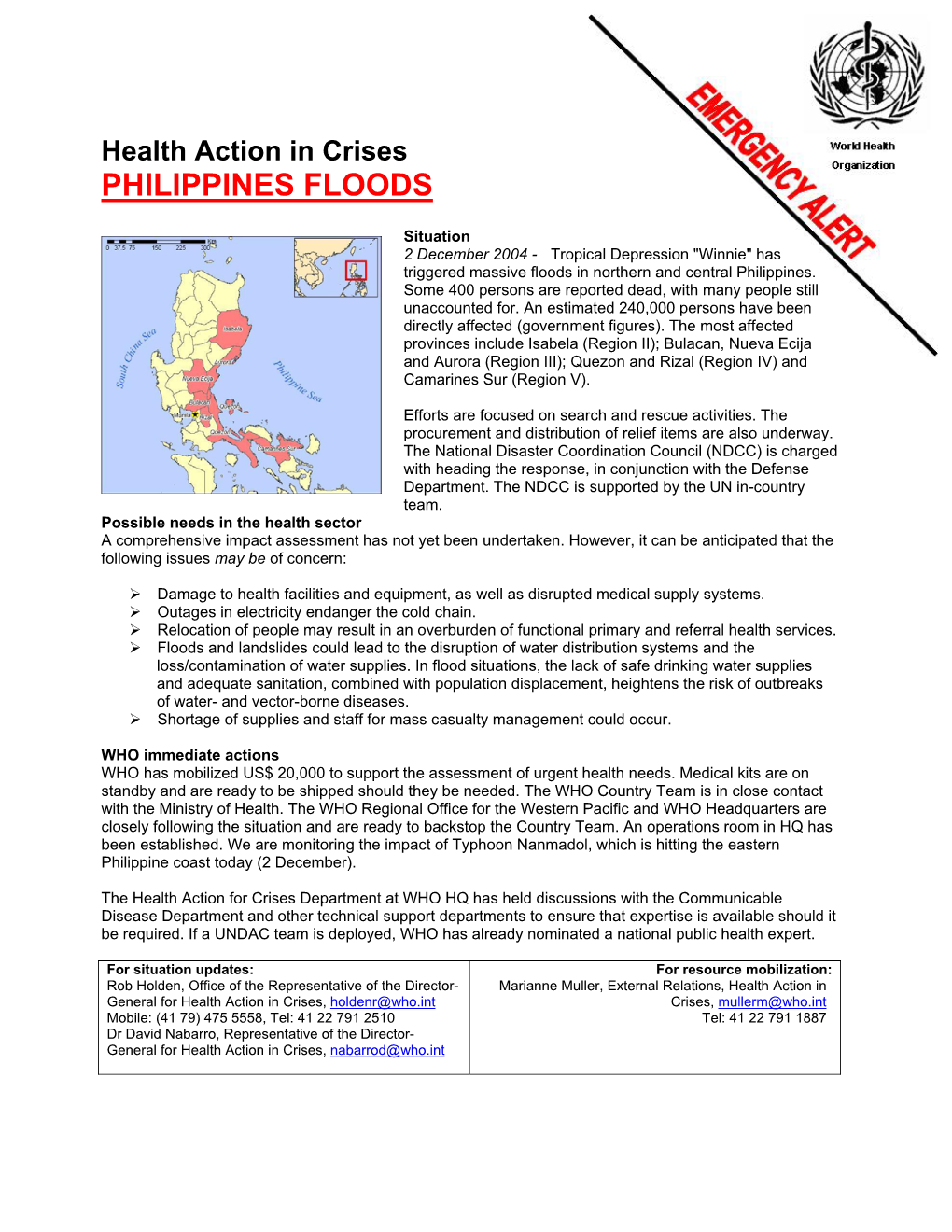 Health Action in Crises PHILIPPINES FLOODS