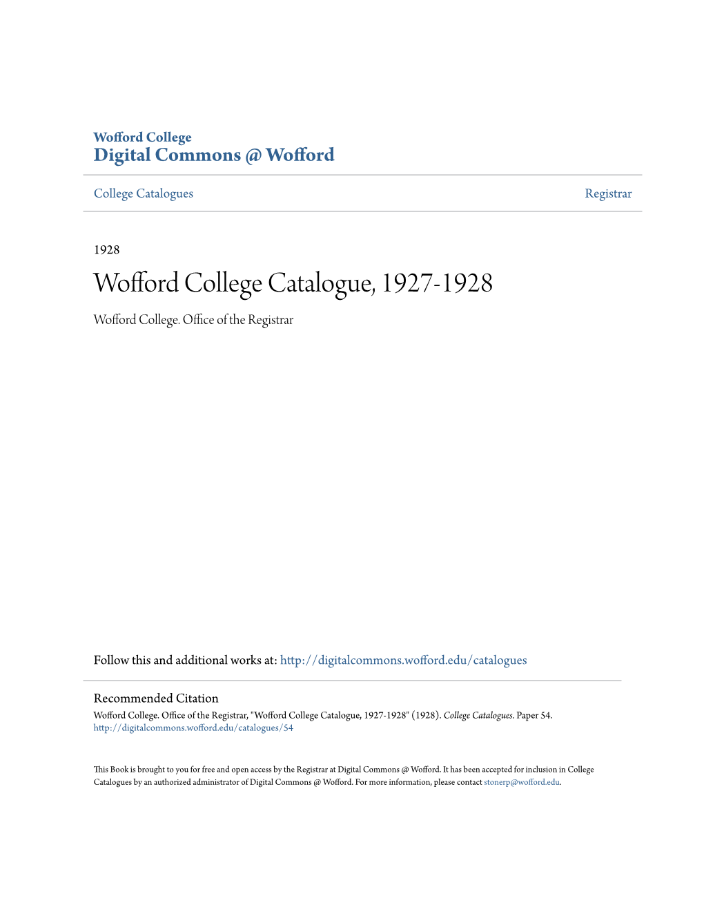 Wofford College Catalogue, 1927-1928 Wofford College