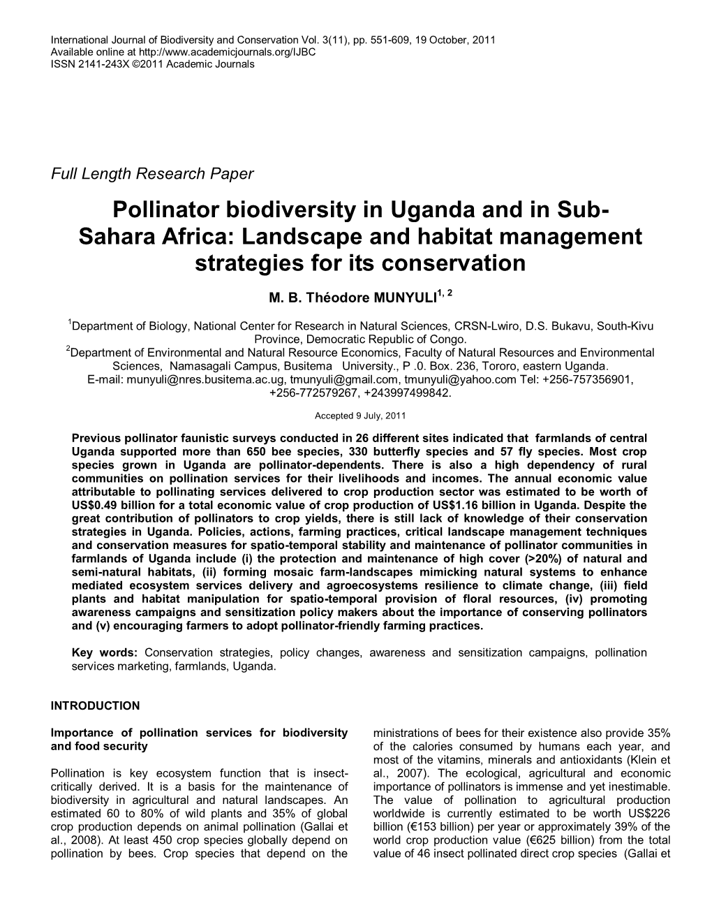 Pollinator Biodiversity in Uganda and in Sub- Sahara Africa: Landscape and Habitat Management Strategies for Its Conservation