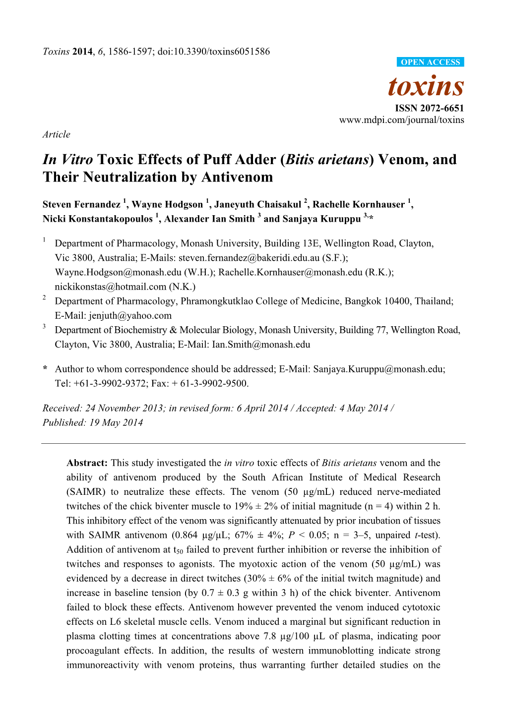 Bitis Arietans) Venom, and Their Neutralization by Antivenom