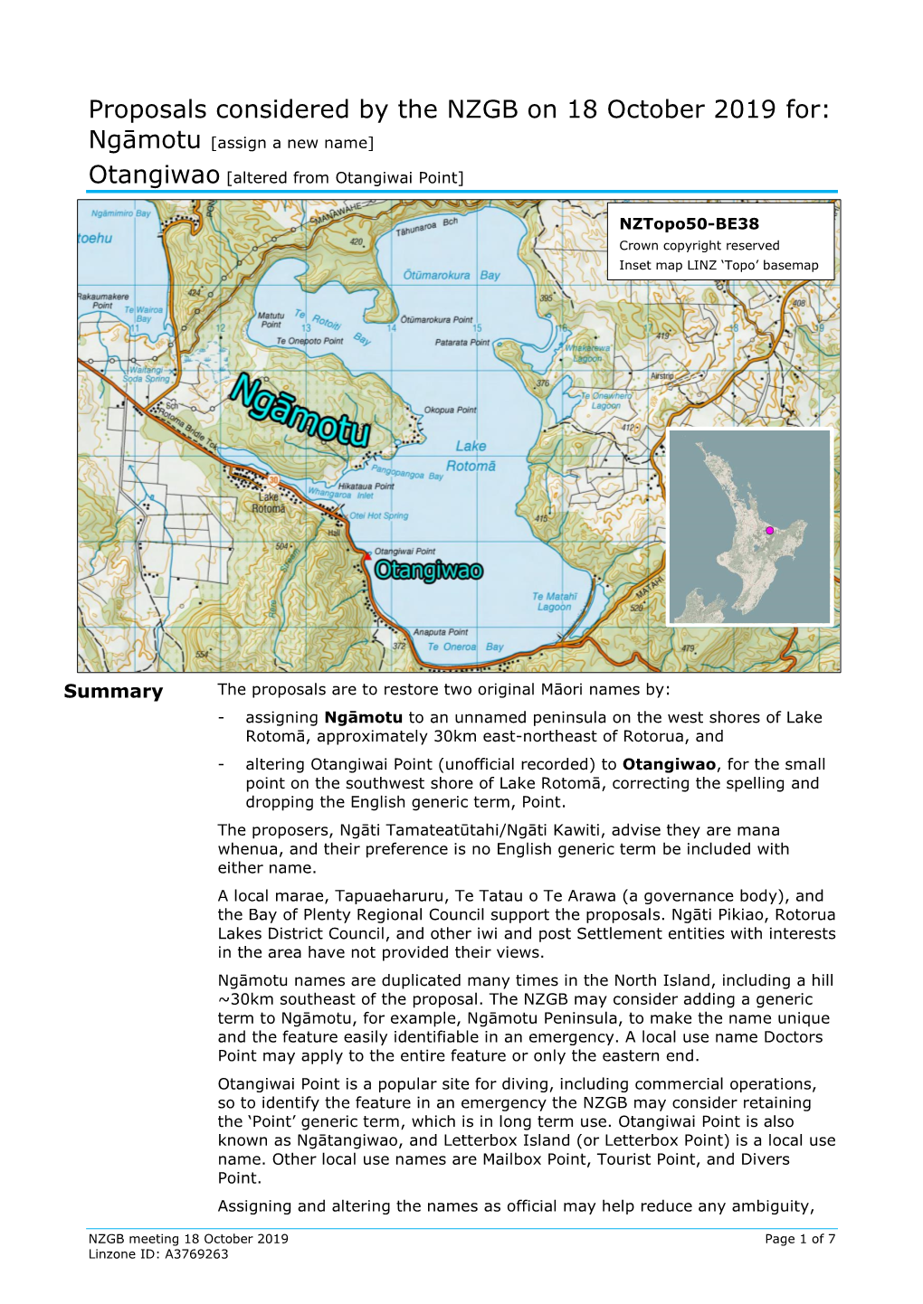 Proposals Considered by the NZGB on 18 October 2019 For: Ngāmotu [Assign a New Name]