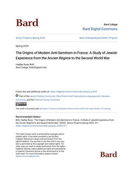 The Origins of Modern Anti-Semitism in France: a Study of Jewish Experience from the Ancien Régime to the Second World War