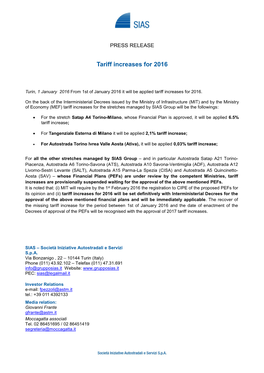 Tariff Increases for 2016