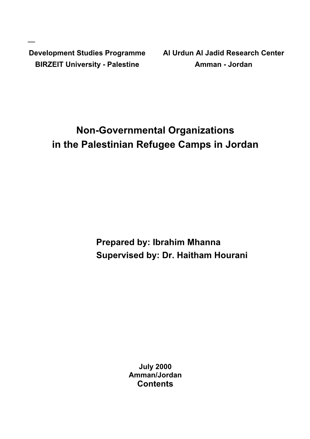 Non-Governmental Organizations in the Palestinian Refugee Camps in Jordan