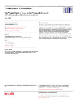 The Virgin Birth of Jesus in the Talmudic Context a Philological and Historical Analysis Dan Jaffé