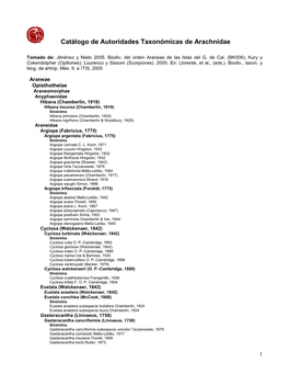Catálogo De Autoridades Taxonómicas De Arachnidae