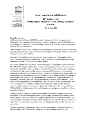 Report Submitted by UNESCO to the 19Th Session of the United Nations Permanent Forum on Indigenous Issues (UNPFII)