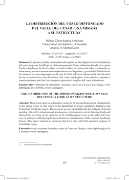 La Distribución Del Voseo Diptongado Del Valle Del Cesar: Una Mirada a Su Estructura*