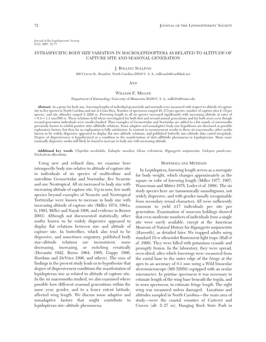 Intraspecific Body Size Variation in Macrolepidotera