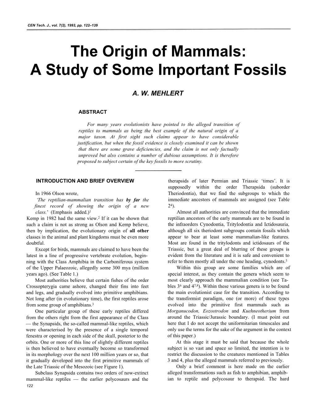 The Origin of Mammals: a Study of Some Important Fossils