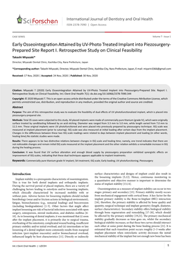 Early Osseointegration Attained by UV-Photo Treated Implant Into Piezosurgery- Prepared Site Report I