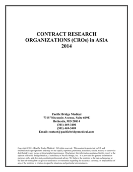 CONTRACT RESEARCH ORGANIZATIONS (Cros) in ASIA 2014