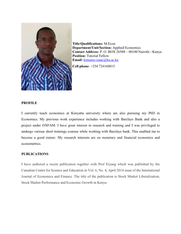 Applied Economics Contact Address: PO BOX 26588 – 00100 Nairobi