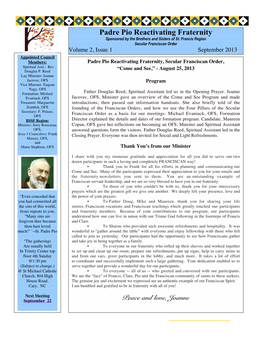 Padre Pio Reactivating Fraternity Sponsored by the Brothers and Sisters of St