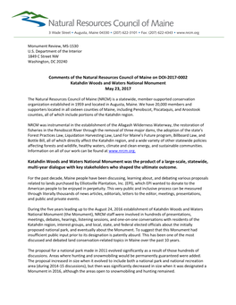 Comments of the Natural Resources Council of Maine on DOI-2017-0002 Katahdin Woods and Waters National Monument May 23, 2017