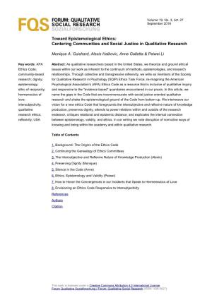 Toward Epistemological Ethics: Centering Communities and Social Justice in Qualitative Research