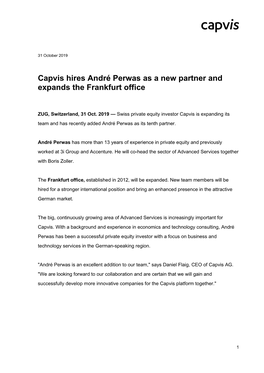 Capvis Hires André Perwas As a New Partner and Expands the Frankfurt Office