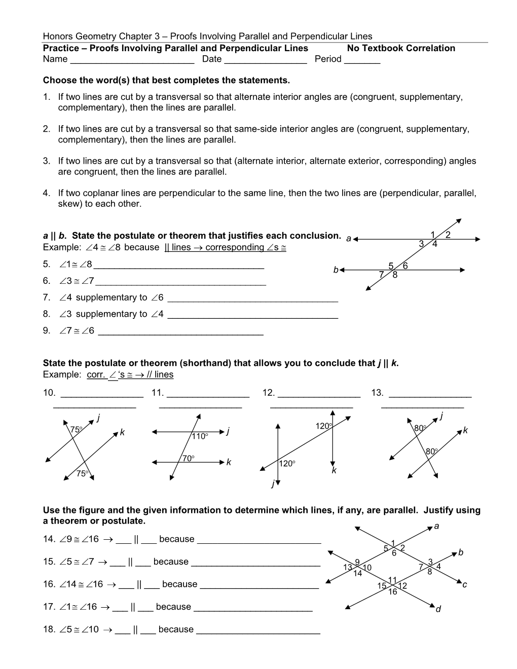 Honors Geometry Chapter 3 Proofs Involving Parallel And Docslib