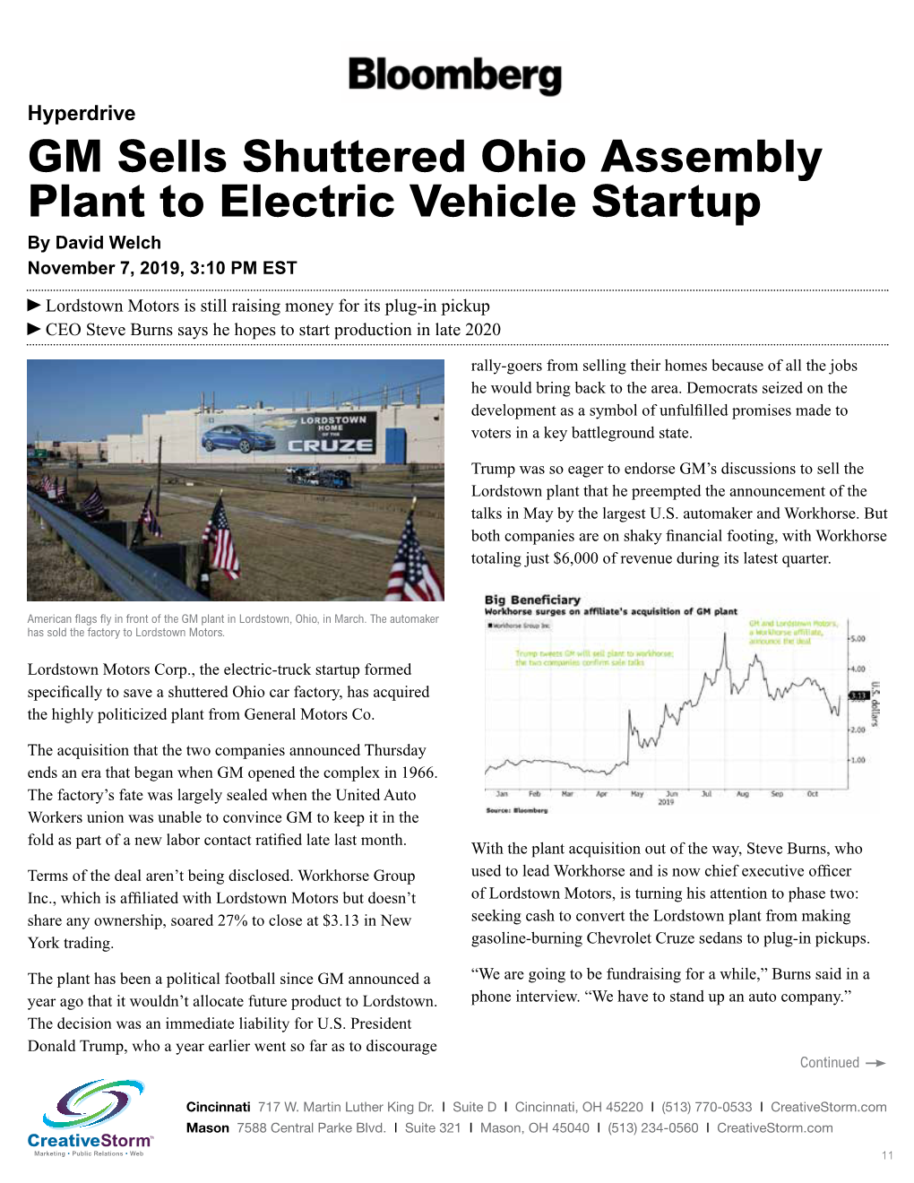 GM Sells Shuttered Ohio Assembly Plant to Electric Vehicle Startup by David Welch November 7, 2019, 3:10 PM EST