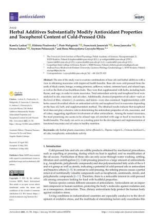 Herbal Additives Substantially Modify Antioxidant Properties and Tocopherol Content of Cold-Pressed Oils