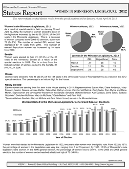 Status Report WOMEN in MINNESOTA LEGISLATURE, 2012 This Report Reflects Certified Election Results from the Special Elections Held on January 10 and April 10, 2012