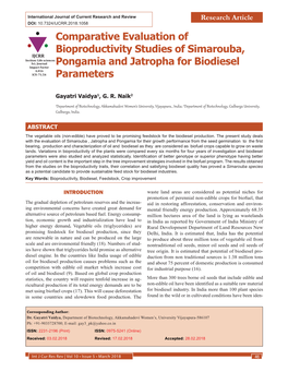 Comparative Evaluation of Bioproductivity Studies of Simarouba, IJCRR Section: Life Sciences Sci