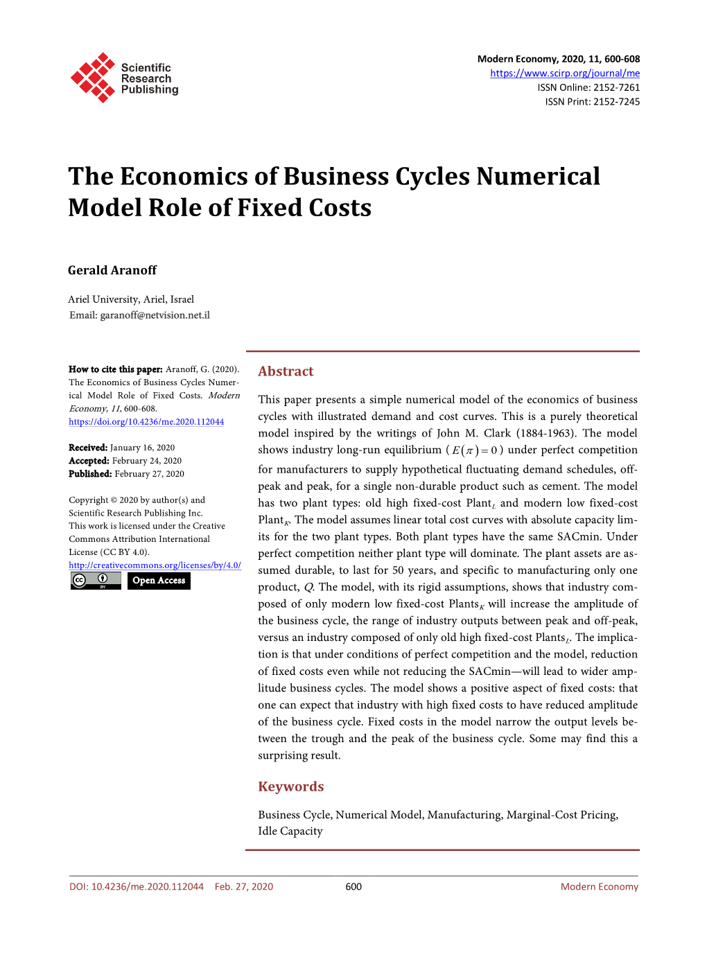 The Economics of Business Cycles Numerical Model Role of Fixed Costs