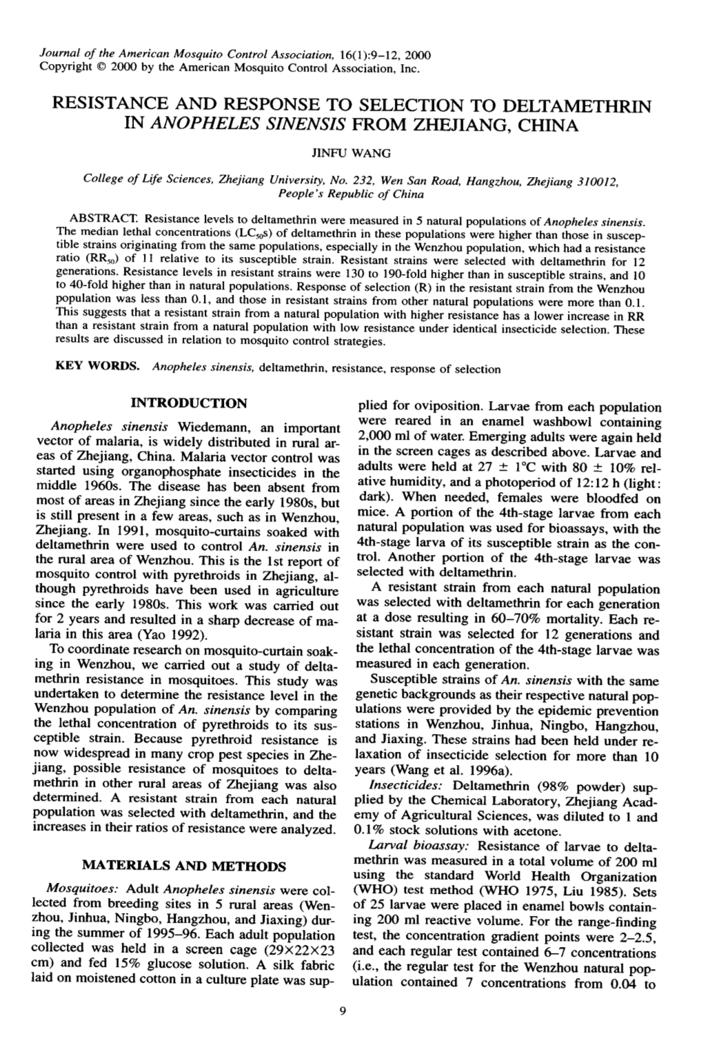 Resistance and Response to Selection to Deltamethrin Tn Anopheles S/Nens/S from Zhejiang