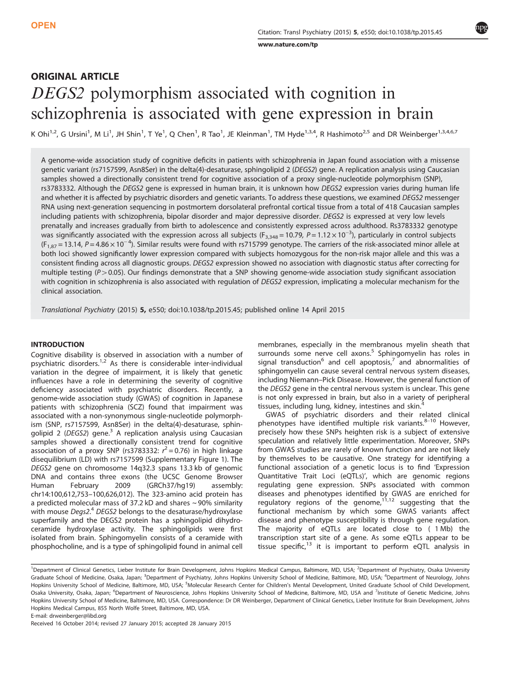 DEGS2 Polymorphism Associated with Cognition in Schizophrenia Is Associated with Gene Expression in Brain