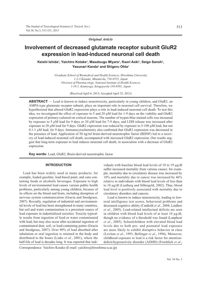 Involvement of Decreased Glutamate Receptor Subunit Glur2 Expression in Lead-Induced Neuronal Cell Death