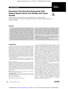 Exosomes from Nischarin-Expressing Cells Reduce Breast Cancer Cell